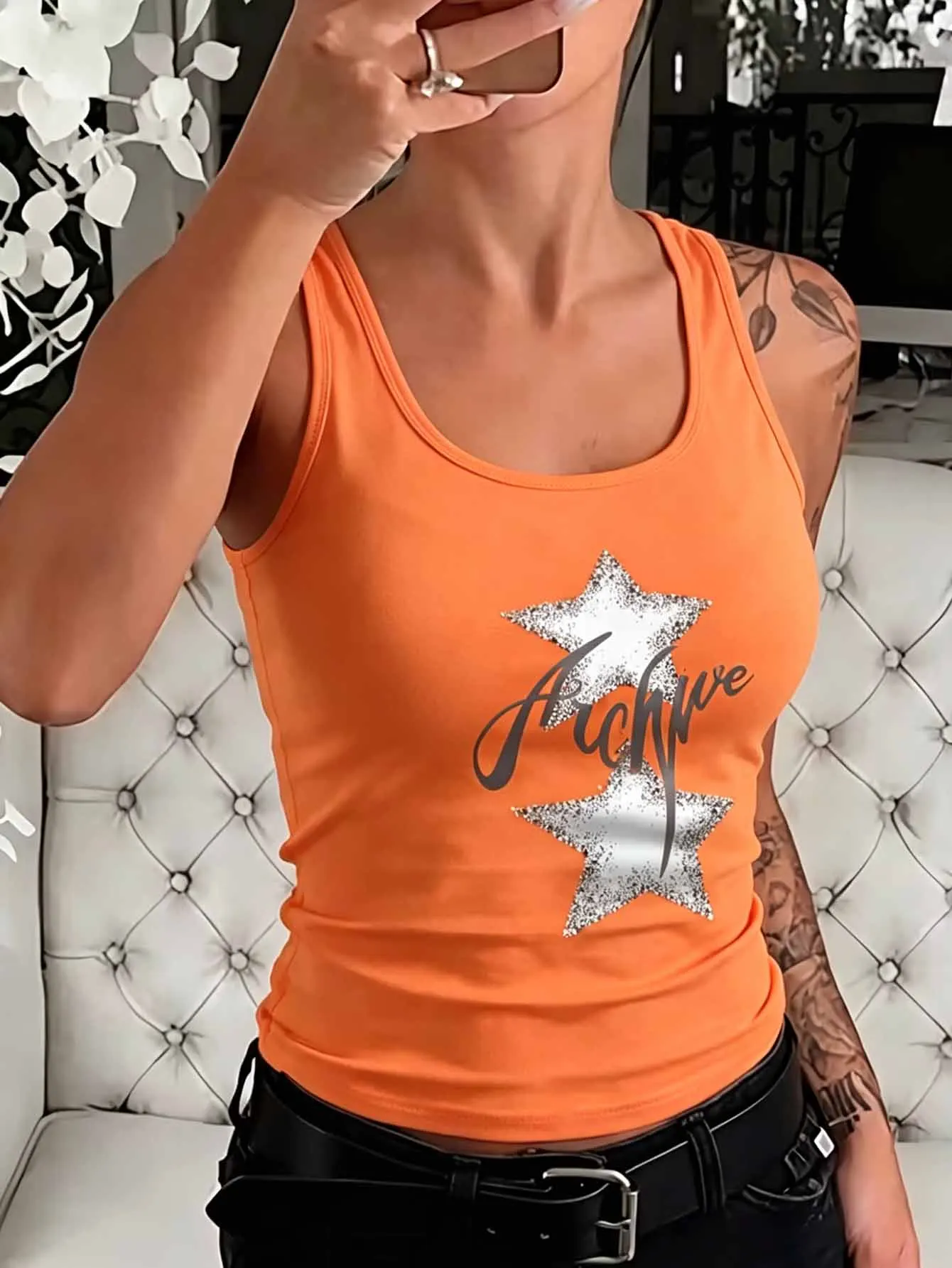 Sommerliches, lässiges Damen-Tanktop mit Stern- und Blumenmuster und Buchstaben-Grafik |   Y2K Enganliegende Streetwear, Fitness-Bekleidung