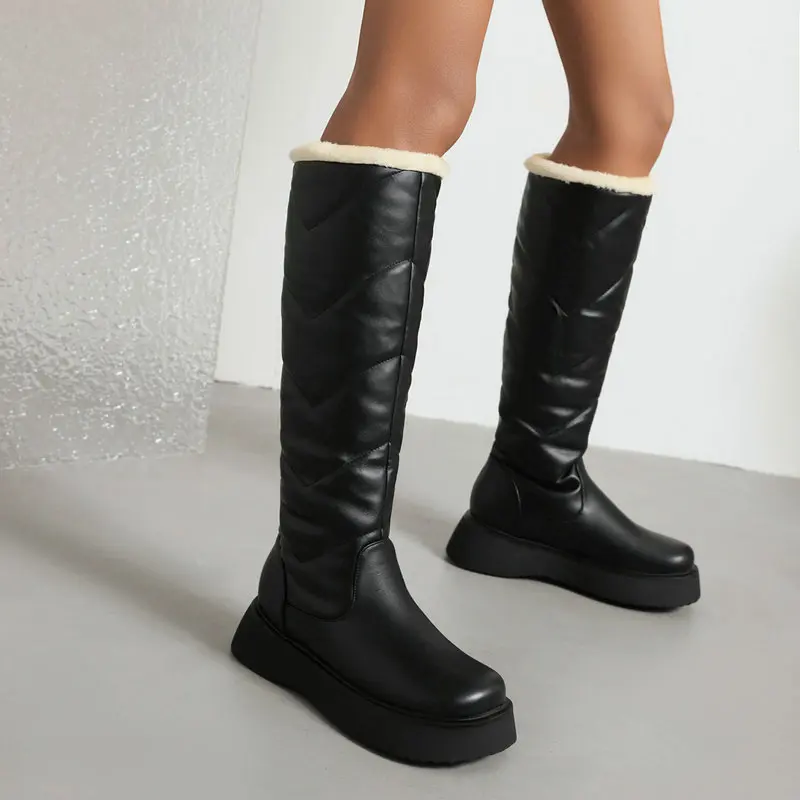 

Women's Winter Fur Lined Platform Boots Black White Fur Warm Knee High Snow Boots Non-slip Winter Shoes