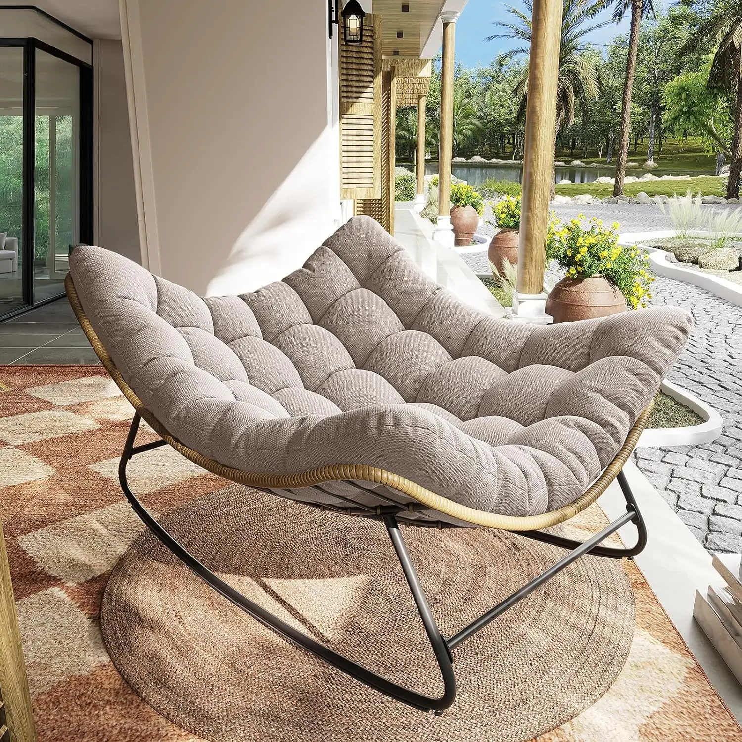 

Outdoor Rocking Chair, Indoor Chair, Oversized Egg Rocking Chair with Thick Cushion, Rattan Wicker Rocker, Customized
