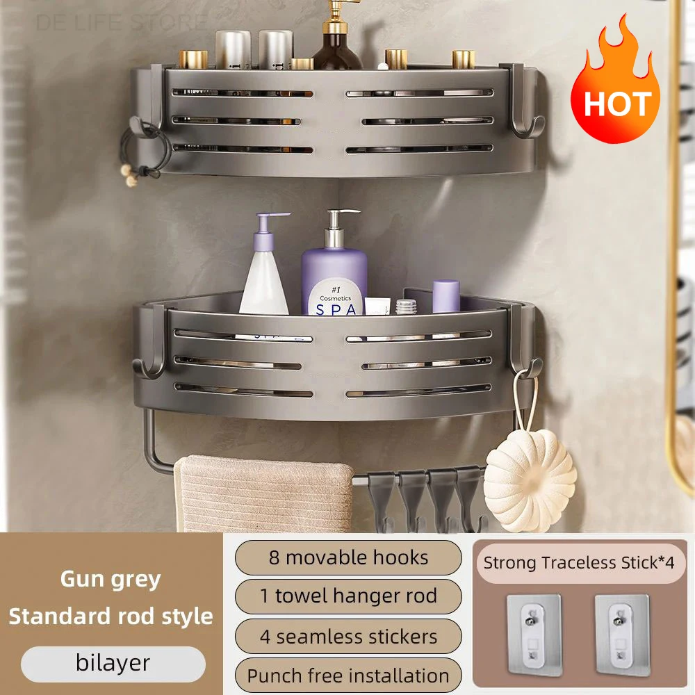 1-2PCS Badkamer Hoekplank met Plastic Haak Handdoekstang Geen Boorruimte Aluminium Douche Opbergrek Badkamer Organizer