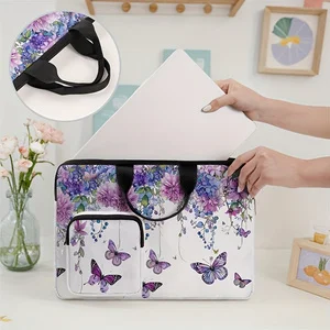 Purple Butterfly Hydrangea Floral Print Laptop Handbag Shockproof Notebook Case With Front Pocket For Travel Office