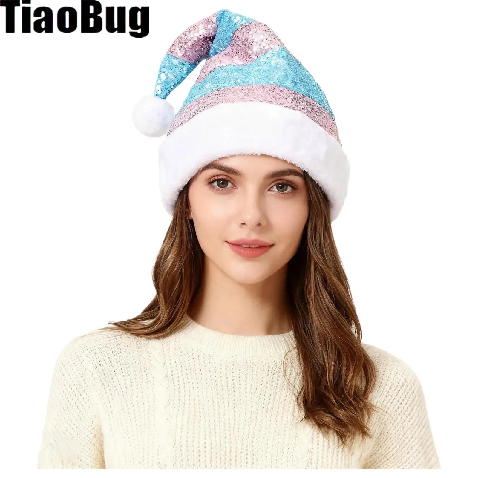 

Christmas Elf Hat Sparkly Sequins Stripe Santa Hats for New Year Holiday Party Costume Gift Accessory