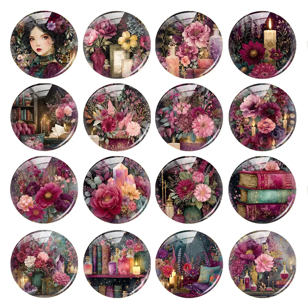 Random Mixed Round/Oval/Square Witch Floral Purple Dark Academia Photo Glass Cabochon Flatback Demo Cameo For Diy Jewelry Making