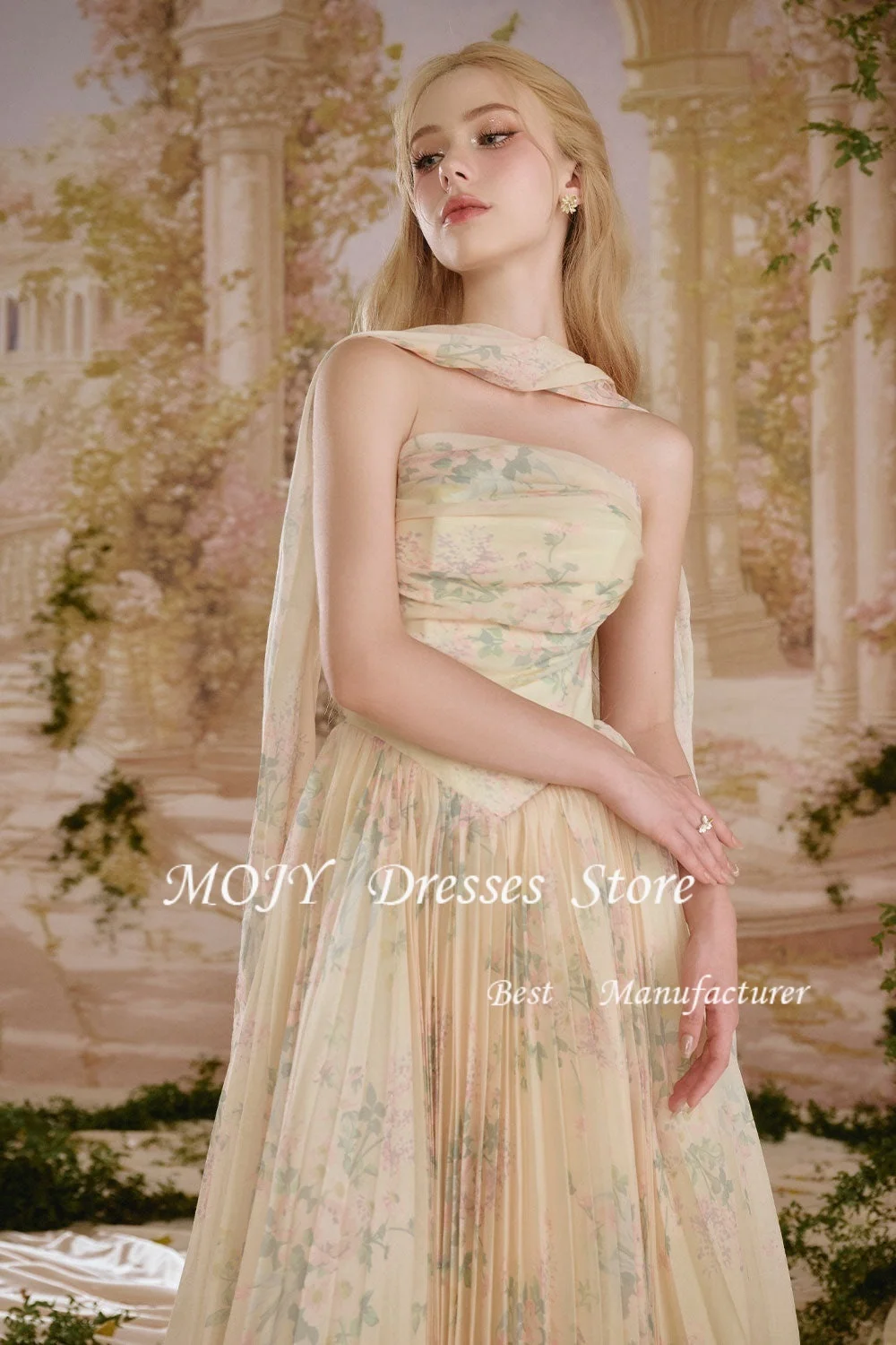 Mojy Prinzessin Creme A-Linie Druck Trägerlose Ballkleider Ärmelloser Schal Partykleider Formeller Abend Maßgeschneiderter Garten 2026