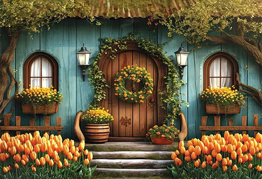 Mehofond Photography Background Spring Easter Wooden House Flowers Children Birthday Party Portrait Decor Backdrop Photo Studio