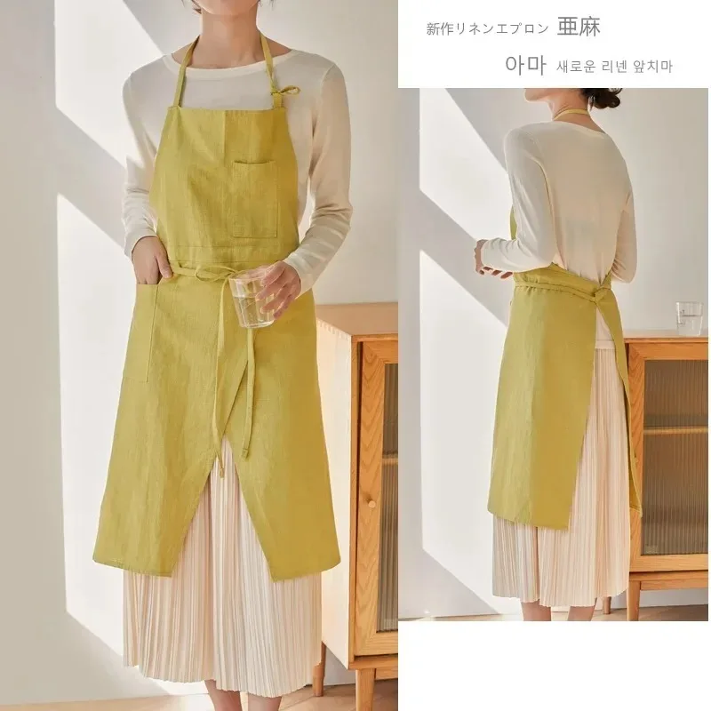 Women's Pure Color Simple Apron Cotton Japanese and Korean Cotton Hemp Flower Shop Coffee Shop Garden Kitchen Attendant Aprons