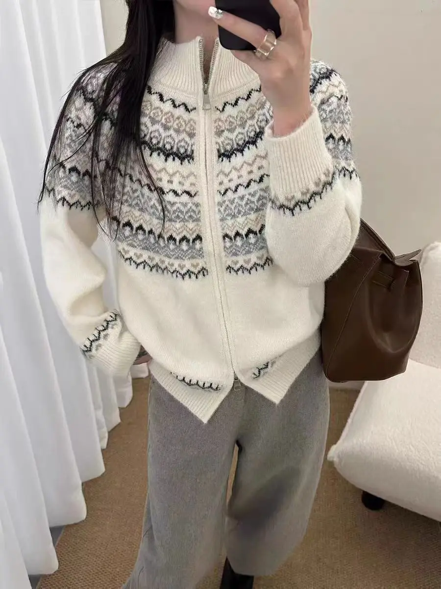 

TLOML Retro Women's Wool Mock Neck Fair Isle Jacquard Zipper Cardigan Autumn Winter Cashmere Sweater Soft Vintage Loose Tops