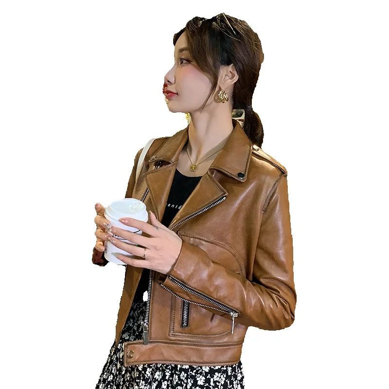 

Spring New Genuine Leather Coat Women's Coat Short Fit High Waist Sheepskin Machine Leather Car Leather Jacket Flip Collar