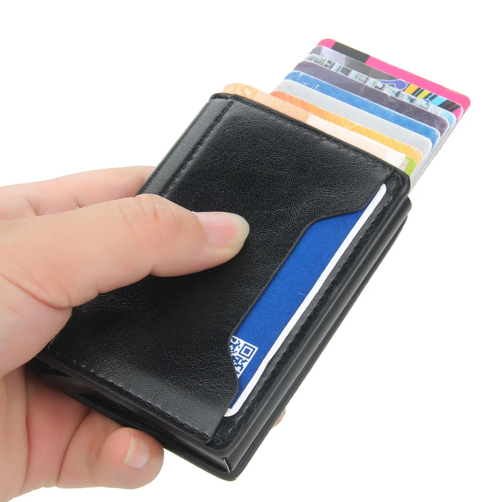 Classic RFID Male Short Wallet Portable PU Leather Automatic Card Holder Casual Multiple Card Slots Aluminium Money Bag Shopping