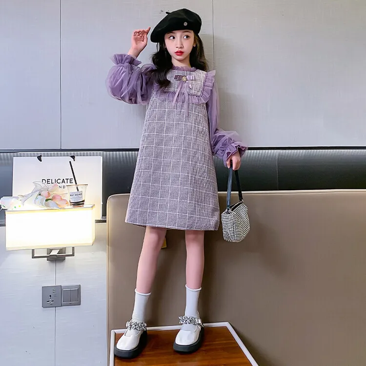 

Girls Long Sleeved Ruffle Overall Dress Autumn 2024 Korean Checkered Children's Fashion Princess Dress Frocks Kids Clothing