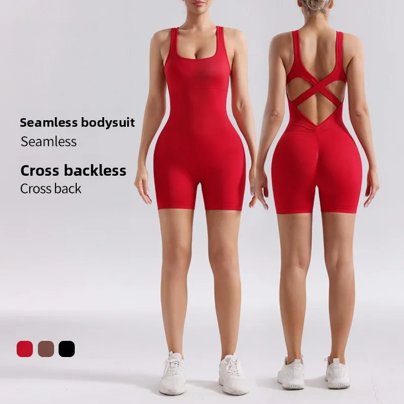 

Women's Spring and Summer Seamless Yoga Onesie Women's Cross Back Outdoor Running Fitness Jumpsuit Shorts