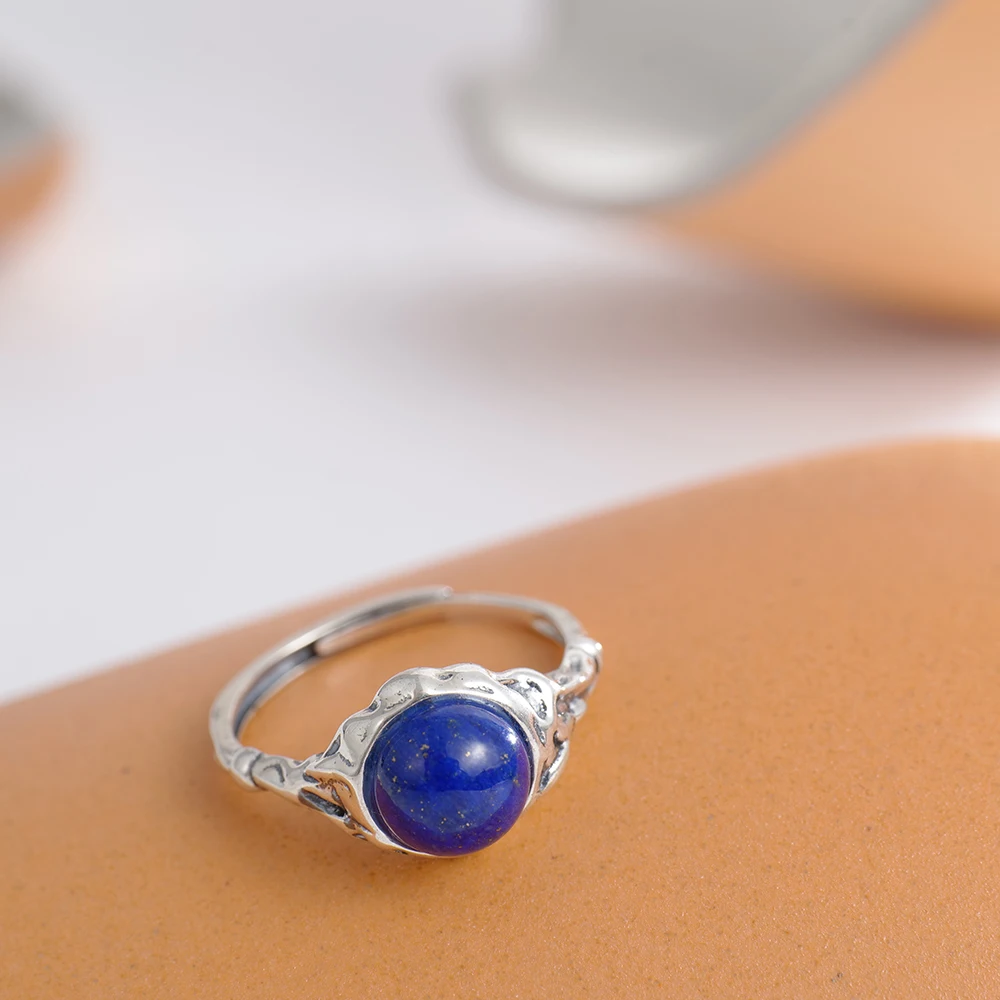 

Регулируемое серебряное кольцо 925 пробы с натуральным камнем лазурита 8 мм, королевский синий винтажный браслет, богемные ювелирные изделия, целебный подарок