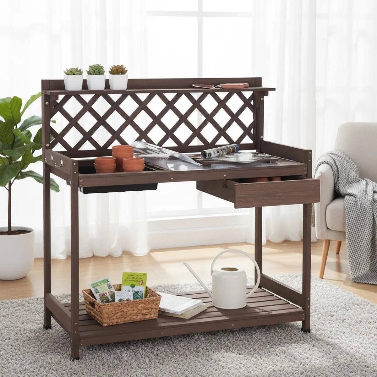 Wooden Potting Bench Outdoor Gardening Work Station with Sink Storage Drawer Shelf Hook PVC Layer Weatherproof Planting Table fo