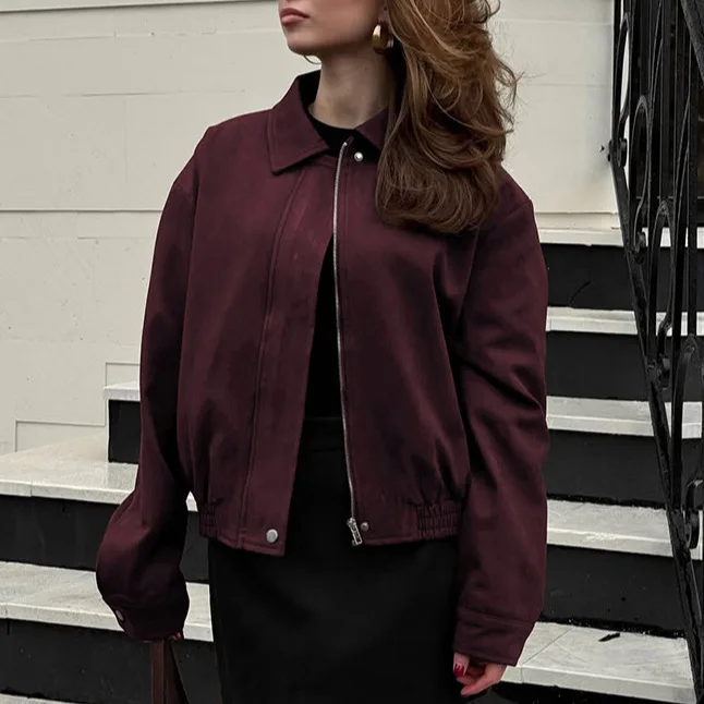 

New Spring Fall 2026 Women's Wine Red Joker Lapel Long Sleeve Jacket Slim Fashion High Street Suede Jacket Women's Wear