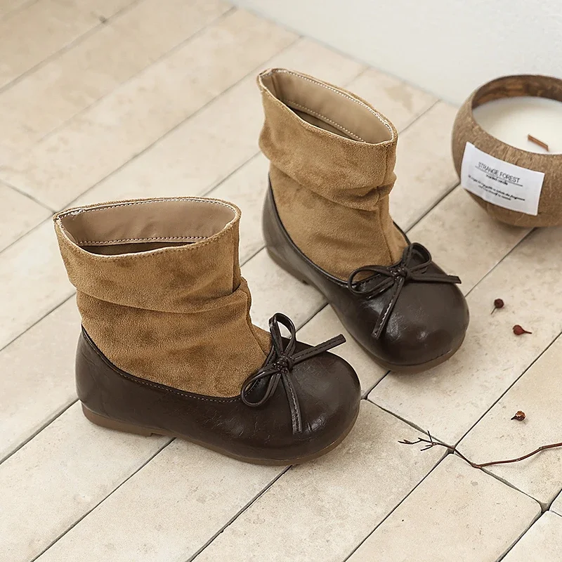 Fall new style girls' vintage patchwork ankle boots with bowknot decoration, soft sole for slip resistance, outdoor boots