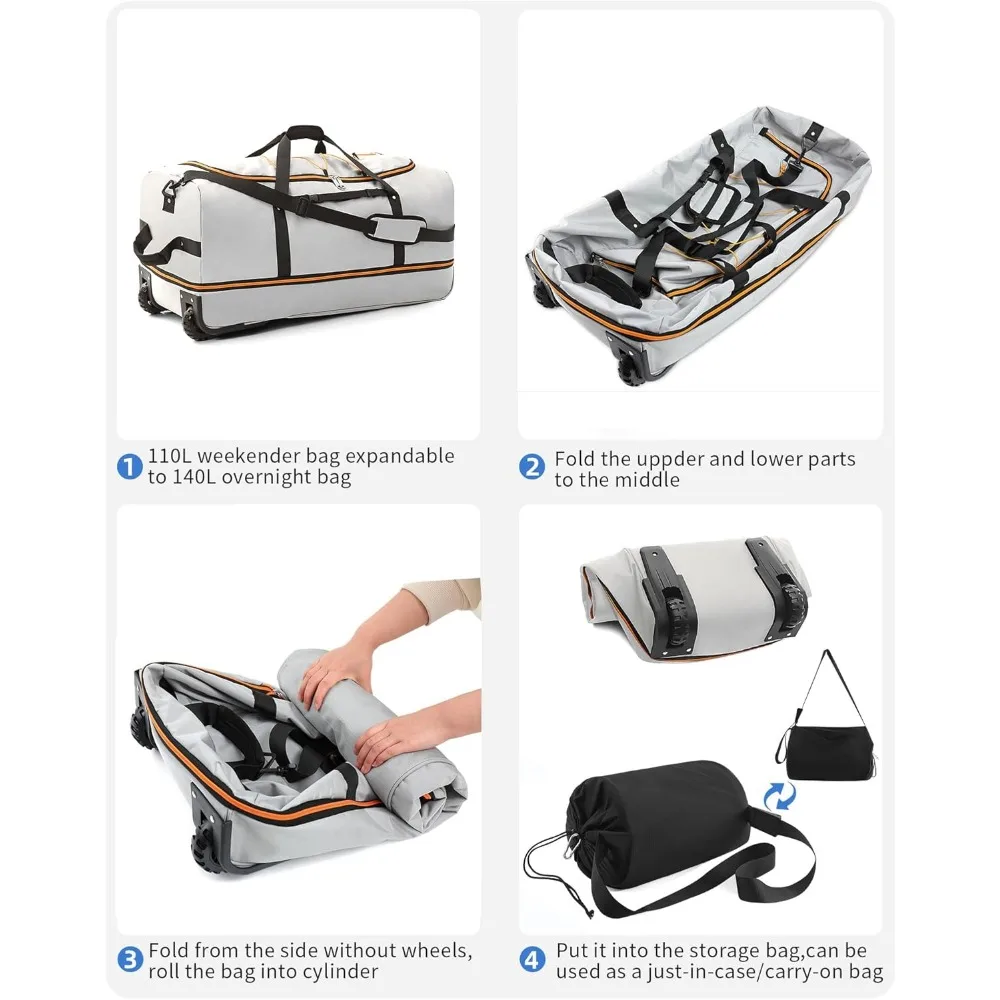 حقيبة واق من المطر قابلة للتوسيع من 110 لتر إلى 140 لتر مع عجلات مضمنة، حقيبة سفر قابلة للتحويل في عطلة نهاية الأسبوع، نظام سلك بنجي، سعة كبيرة #4