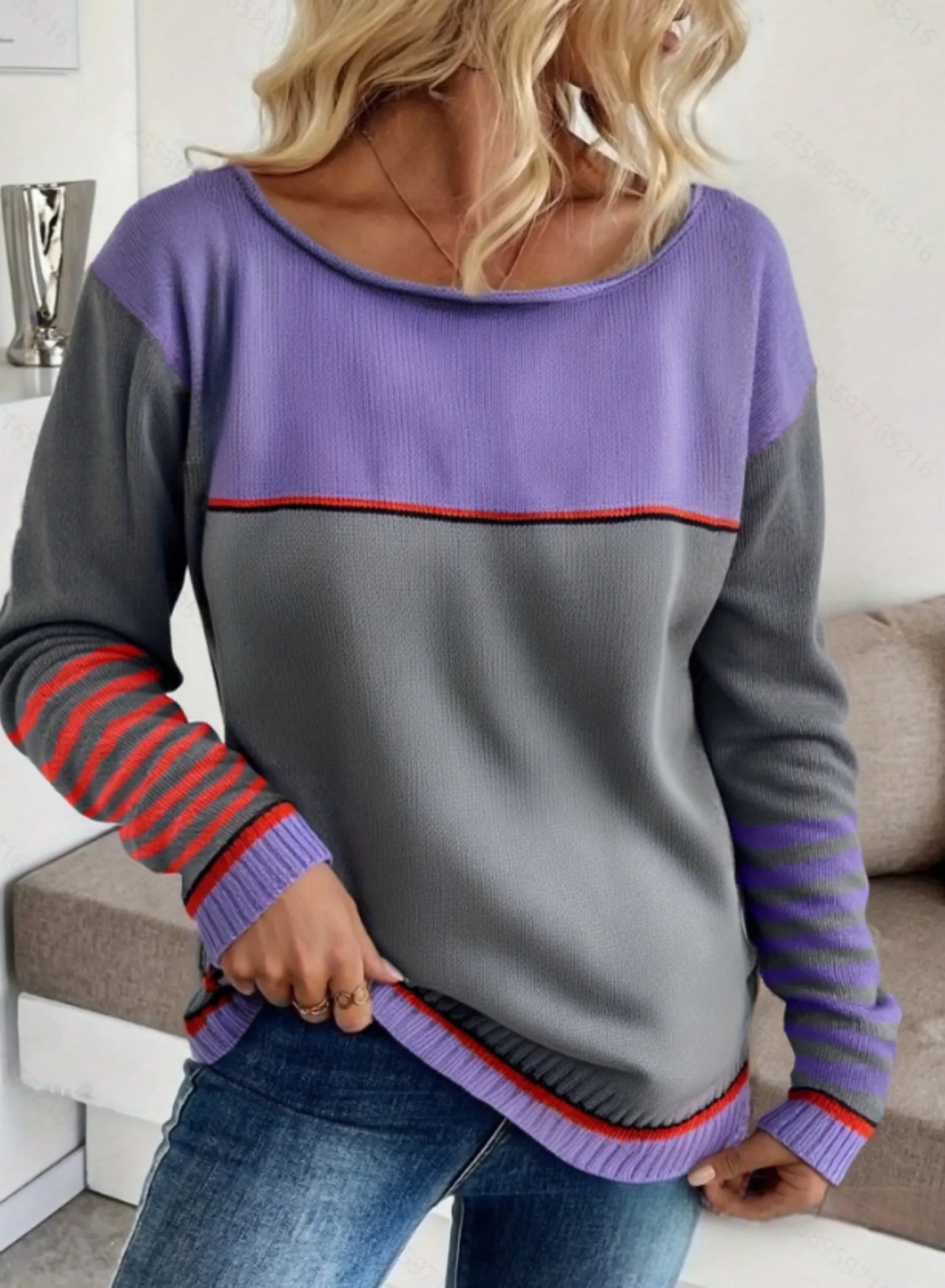 

Plus Size Women's Casual Color Block Crew Neck Knit Long Sleeve Sweater, Perfect for Spring & Fall
