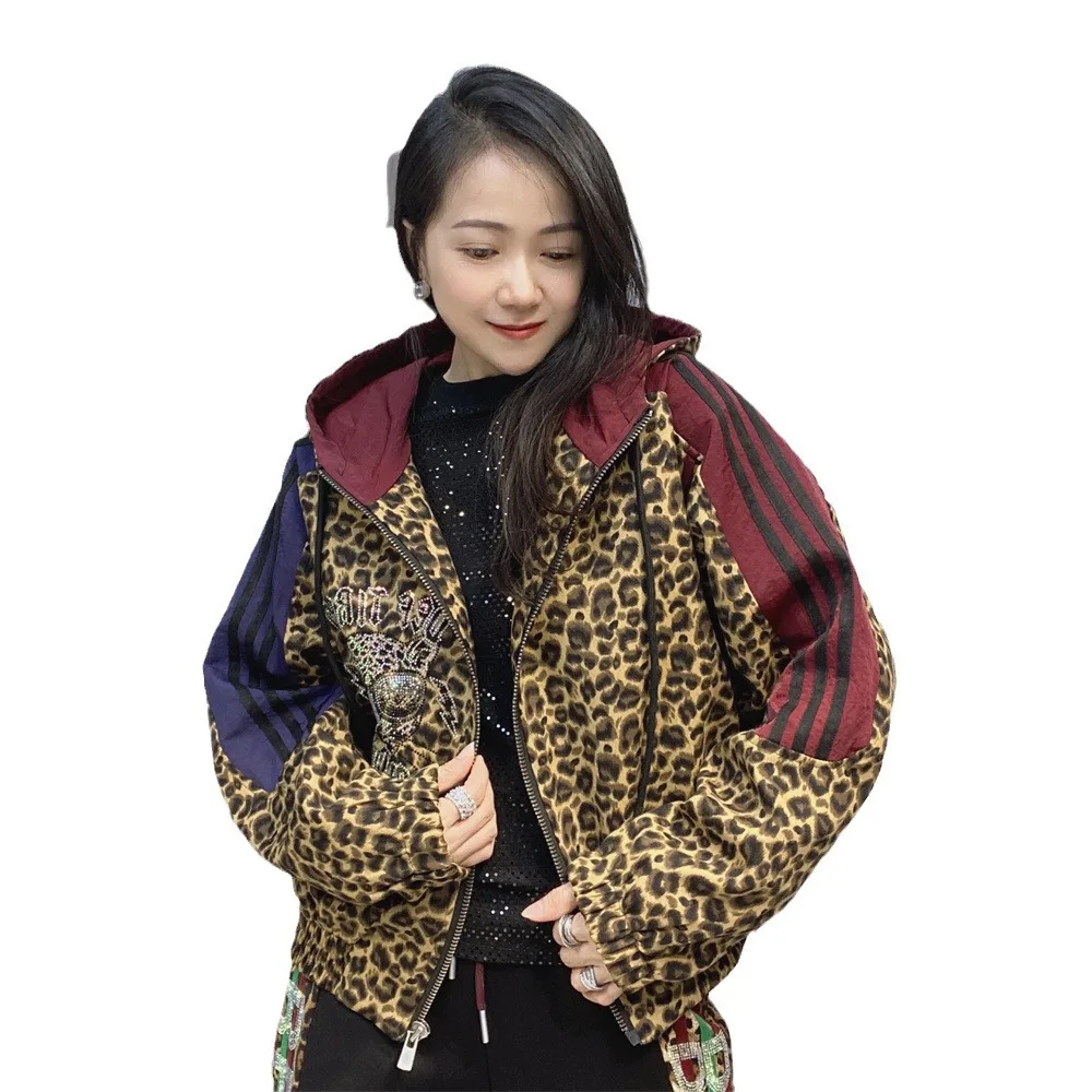 2024 New Fashion Colorblock Hot Drilling Leopard Jackets Women All-match Hooded Zip Cardigans Coat Streetwear Short Outwear