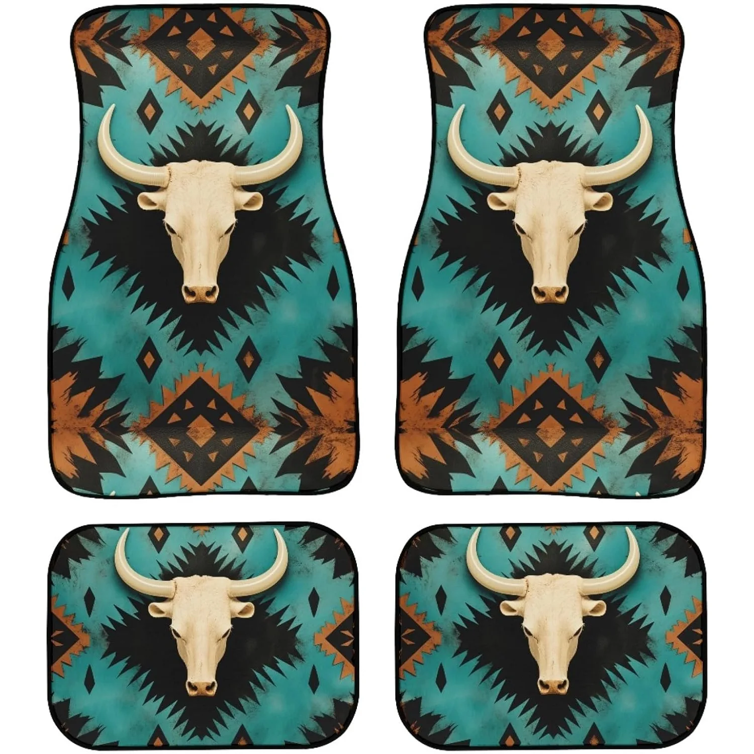 Western Deer Skull Car Floor Mats - Aztec Design For Auto Interiors, Non-Slip Rubber, Universal Fit, 4pcs Set, All-Weather, Turq