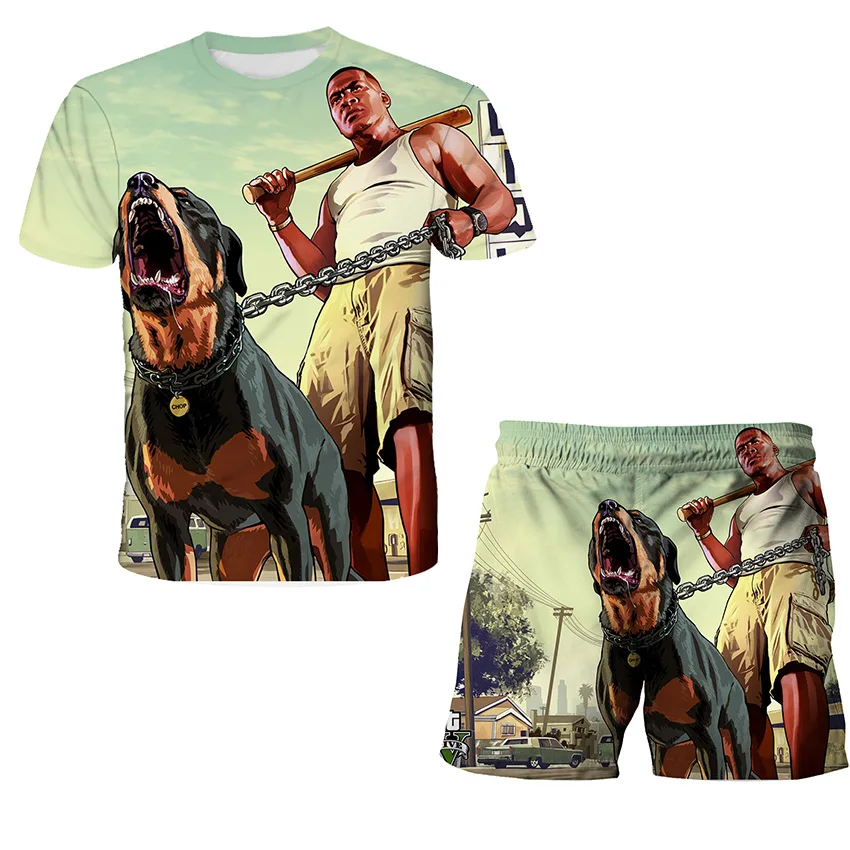 Anime Grand Theft Auto Gta 3d Print Tshirts Set Children Tshirt Short Pants 2pcs Suit 4-14 Years Kids Fashion Short Sleeve Sets