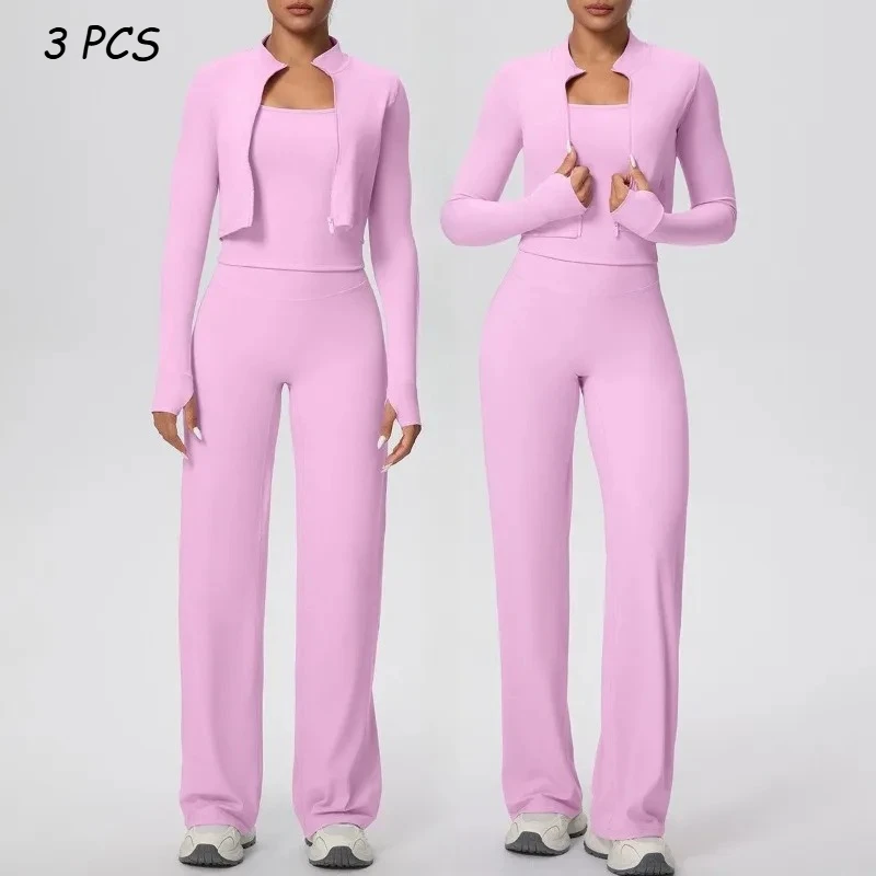 

3 Pcs Women's Seamless Yoga Set Zipper Jacket Vest Wide-leg Pants Tracksuit Fitness Gym Sports Set Slim Fit High Waist Suit