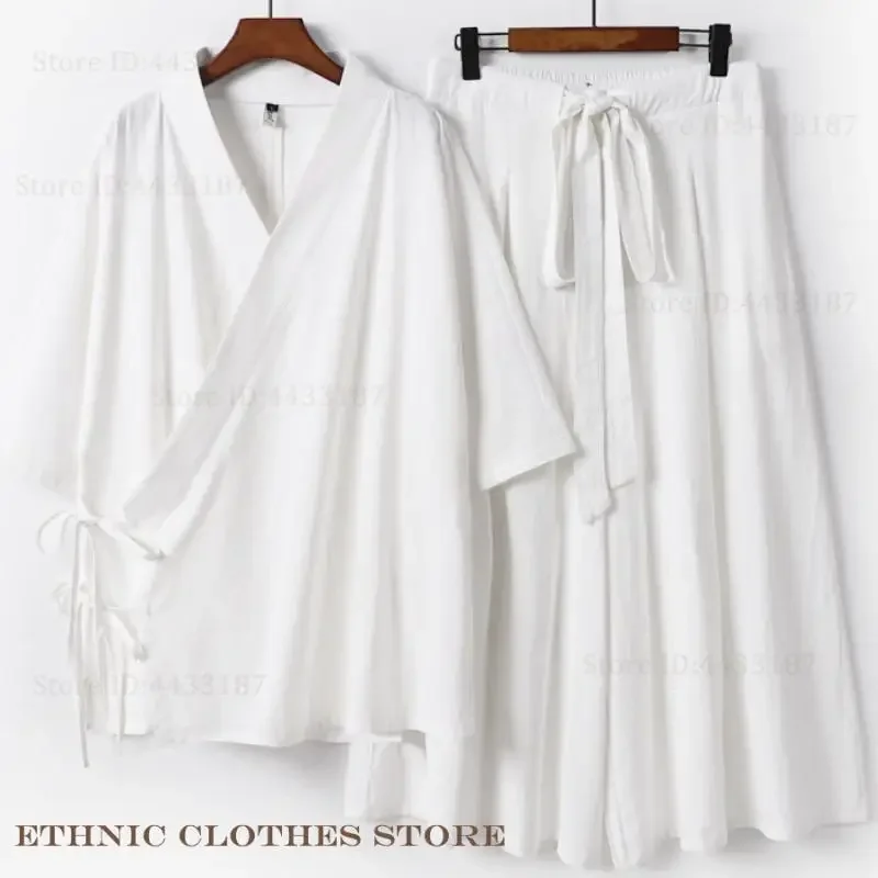 Traditional Japanese Samurai Costume Large Size 3XL-9XL Male Kimono Cardigan Pants 2Pcs Set Yukata Haori Cotton Linen Outwear 