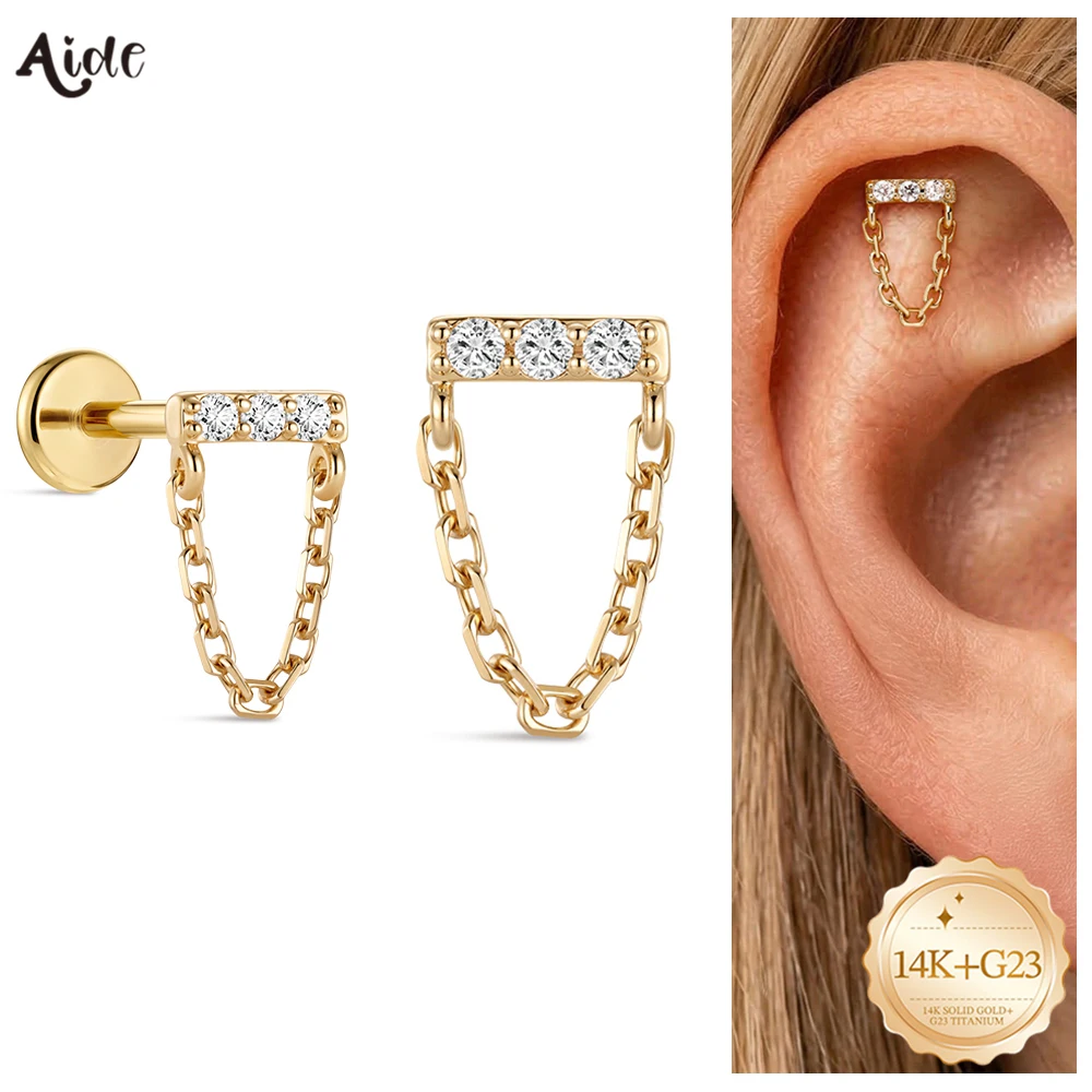 Aide 14K Soild Gold Implanted Grade Titanium Back Diamond Tassel Flat Back Cartilage Helix Piercing Fine Jewelry For Daily Wear
