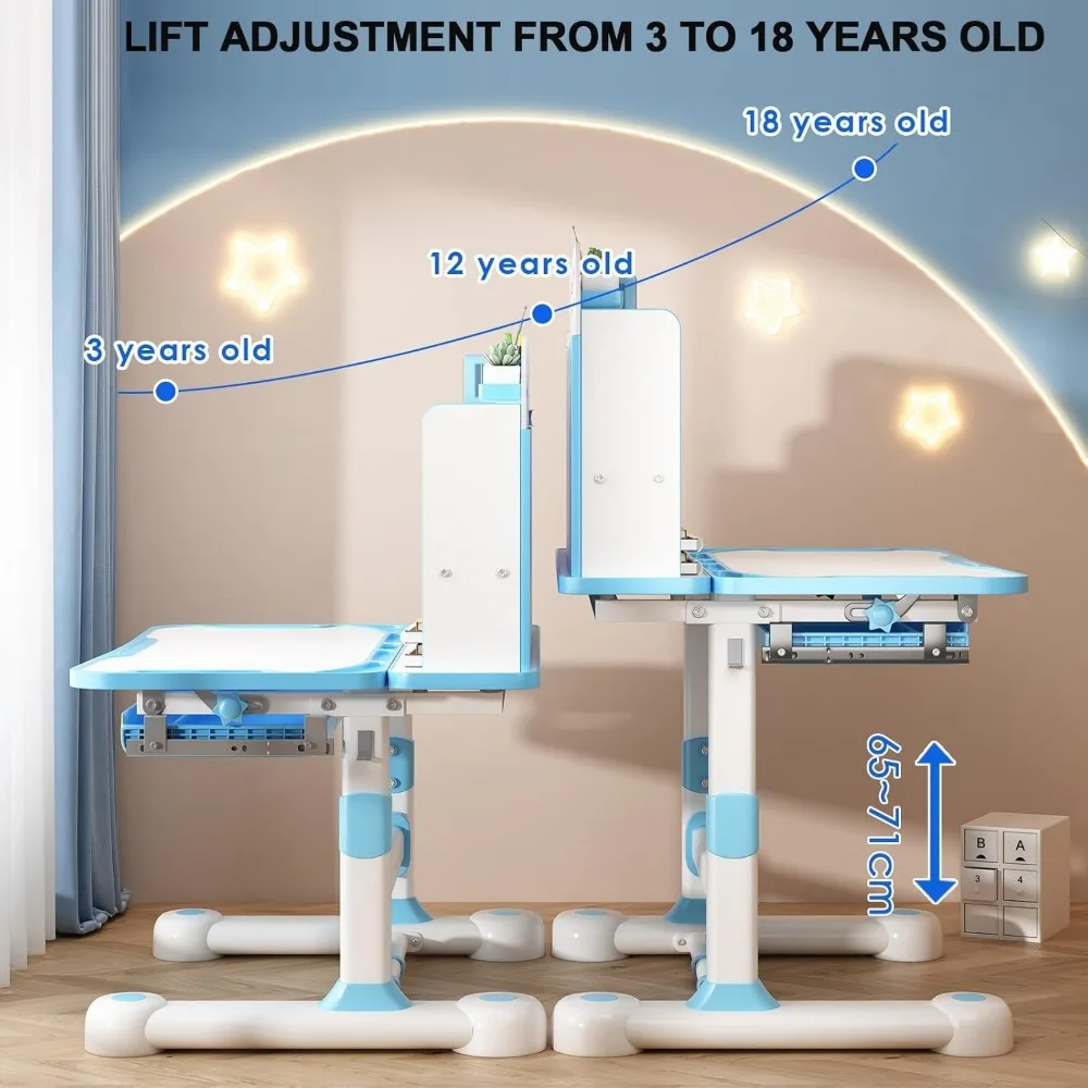 Conjunto de mesa e cadeira funcional para crianças, mesa de estudo escolar ergonômica ajustável em altura com mesa inclinada, suporte para livros