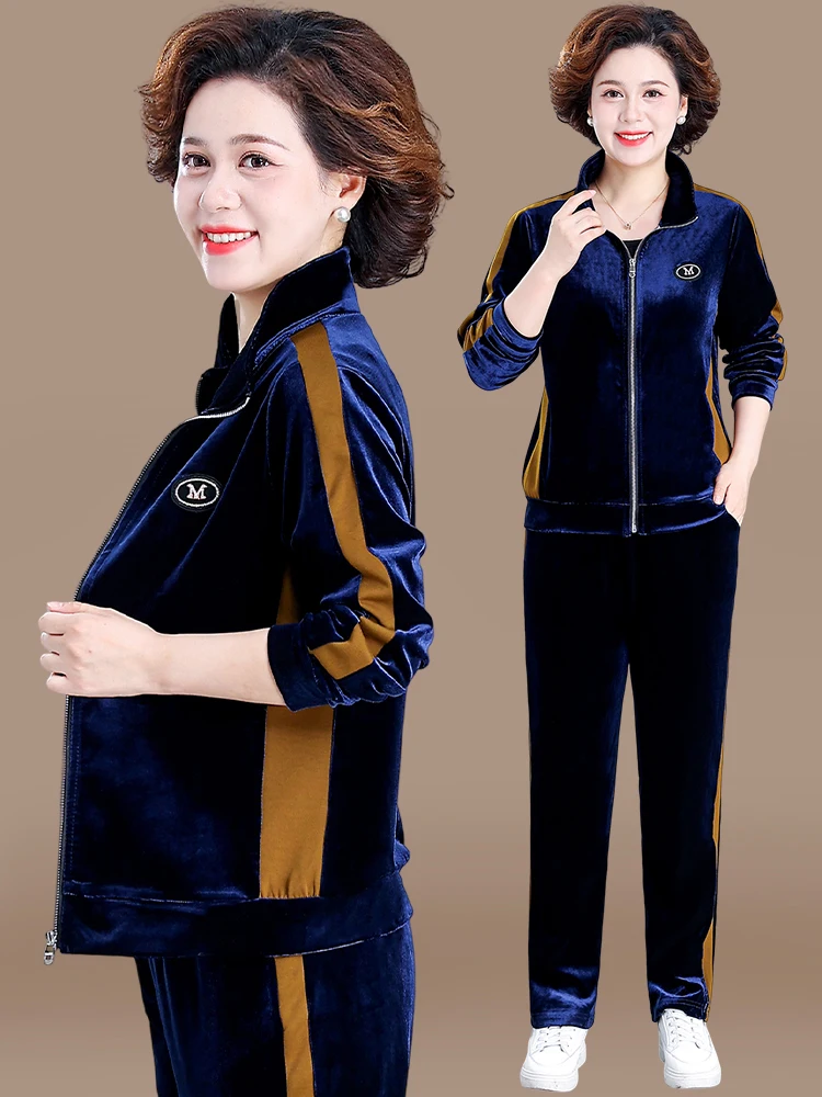 

Ele Mom Autumn Faion Lady's Velvet Sport Two-Piece Set Middle-Aged Spring Autumn Women's Outerwear Comfortable Loose Fit