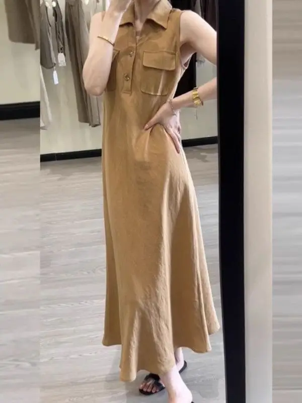 

plus Size Casual Khaki Sleeveless Workwear Dress Women Summer Vest Long Dress Ins Style Loose Fit A-Line Skirt Thin Material