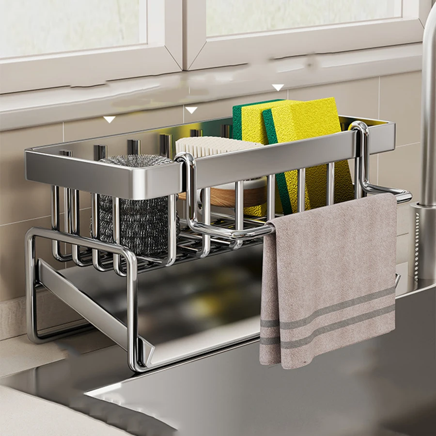 CANBOUNKitchen Sponge Holder Stainless Steel Sink Drain Rack Soap Drainer Towel Rack Shelf Organizer Bathroom Storage Accessorie