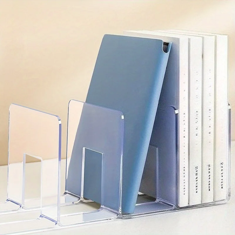 1pc Clear 4 Compartment Acrylic Desktop File Rack Bookend Organizer Multi Grid Office Student Paper Book Storage Holder