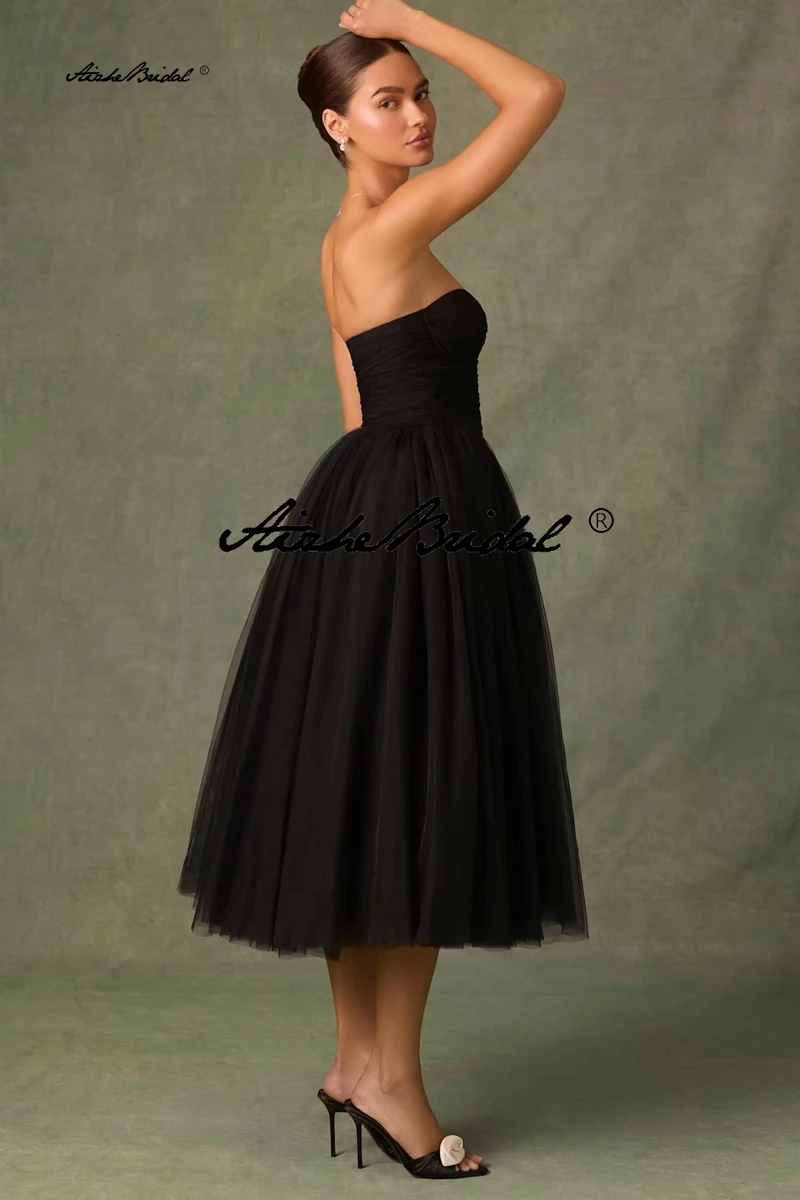 Nuevo Vestido corto negro sin mangas, vestido de tul sin tirantes, vestido de noche largo, cintura imperio hasta el tobillo