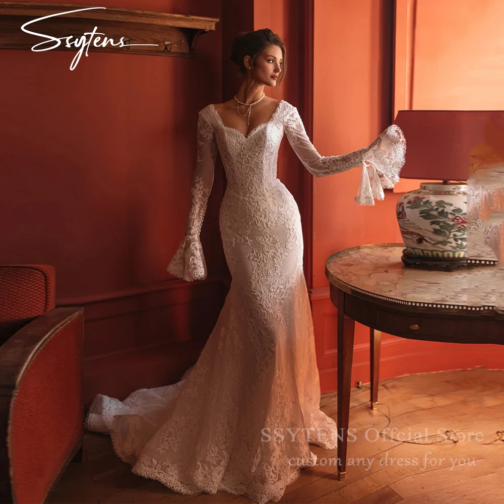 

SSYTENS Ivory Lace Mermaid Long Wedding Dress Charming Backless Flare Sleeve Bridal Gown Customized Sweetheart Dresses For Bride