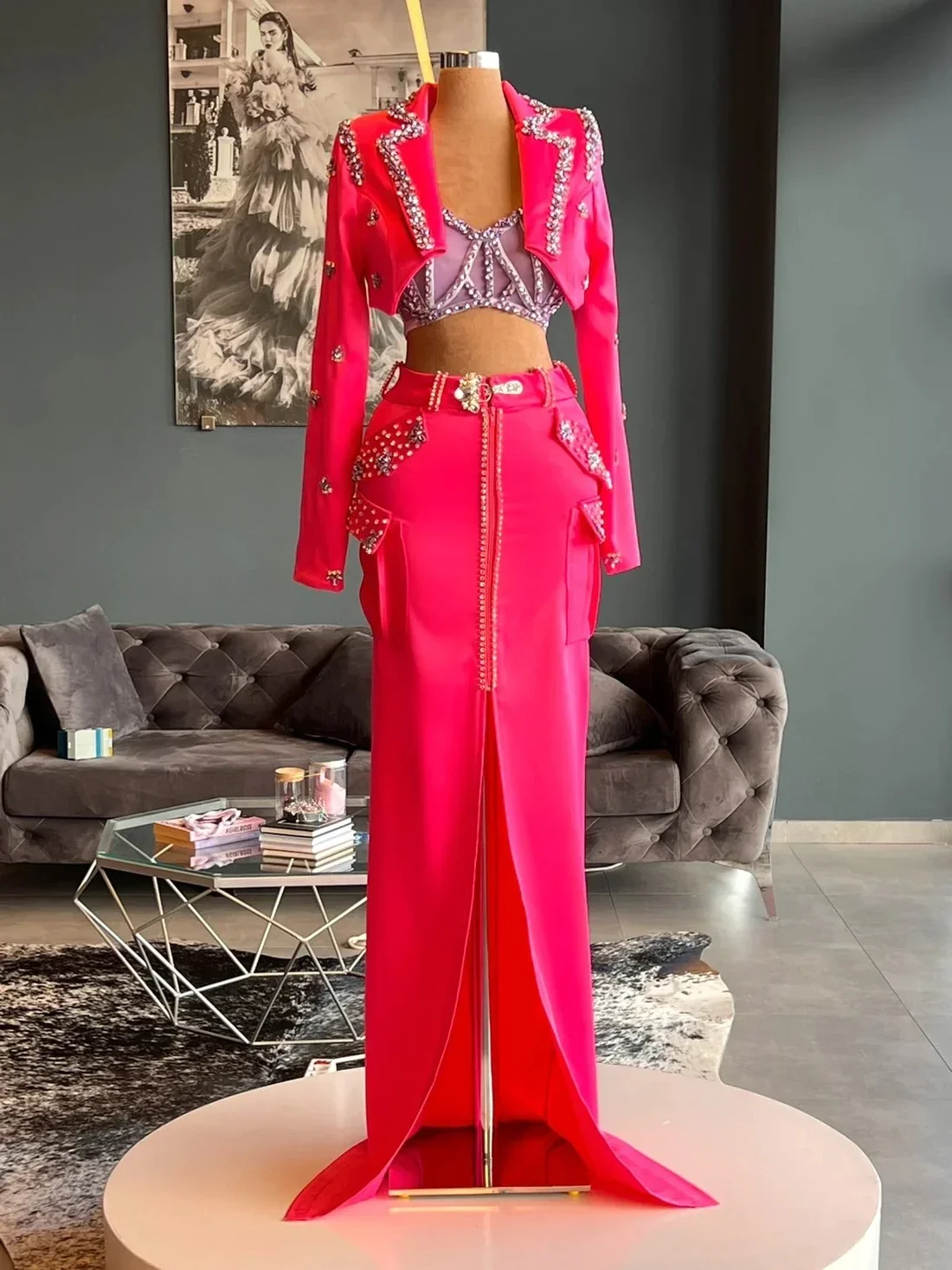 Zwei Stücke Ballkleider Haute Couture Lange Ärmel Perlen Saudi-Arabien Dubai Robe De Soiree Abendkleid Kleid Maßgeschneidert