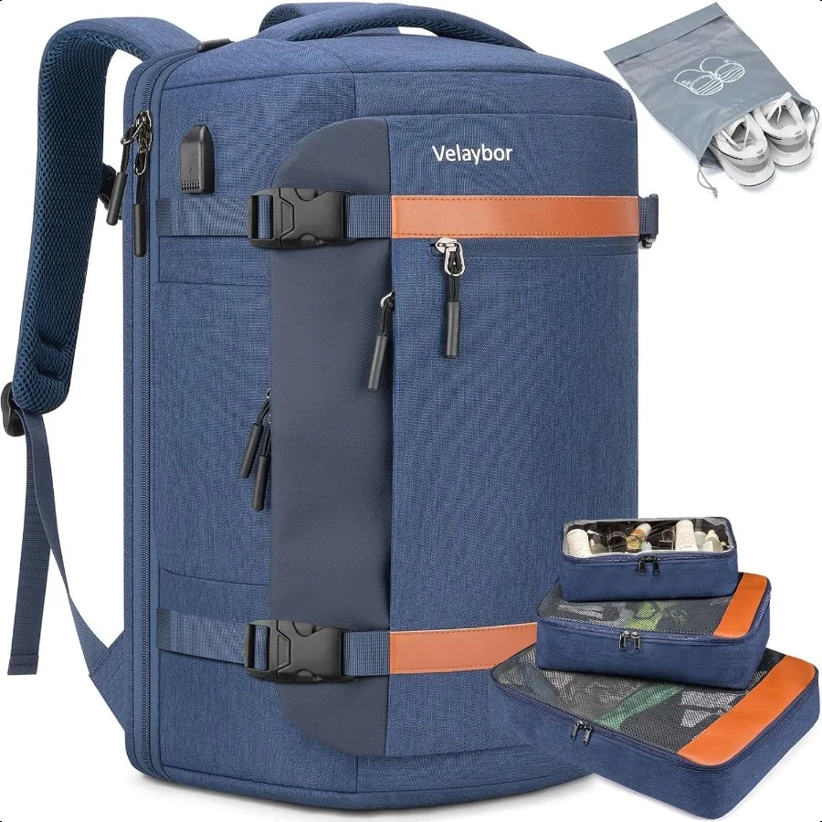 

42L Travel Backpack with 4 Packing Cubes TSA Friendly Flight Appd CarryOn Bag with USB Charging Port WaterResistant Weekender B