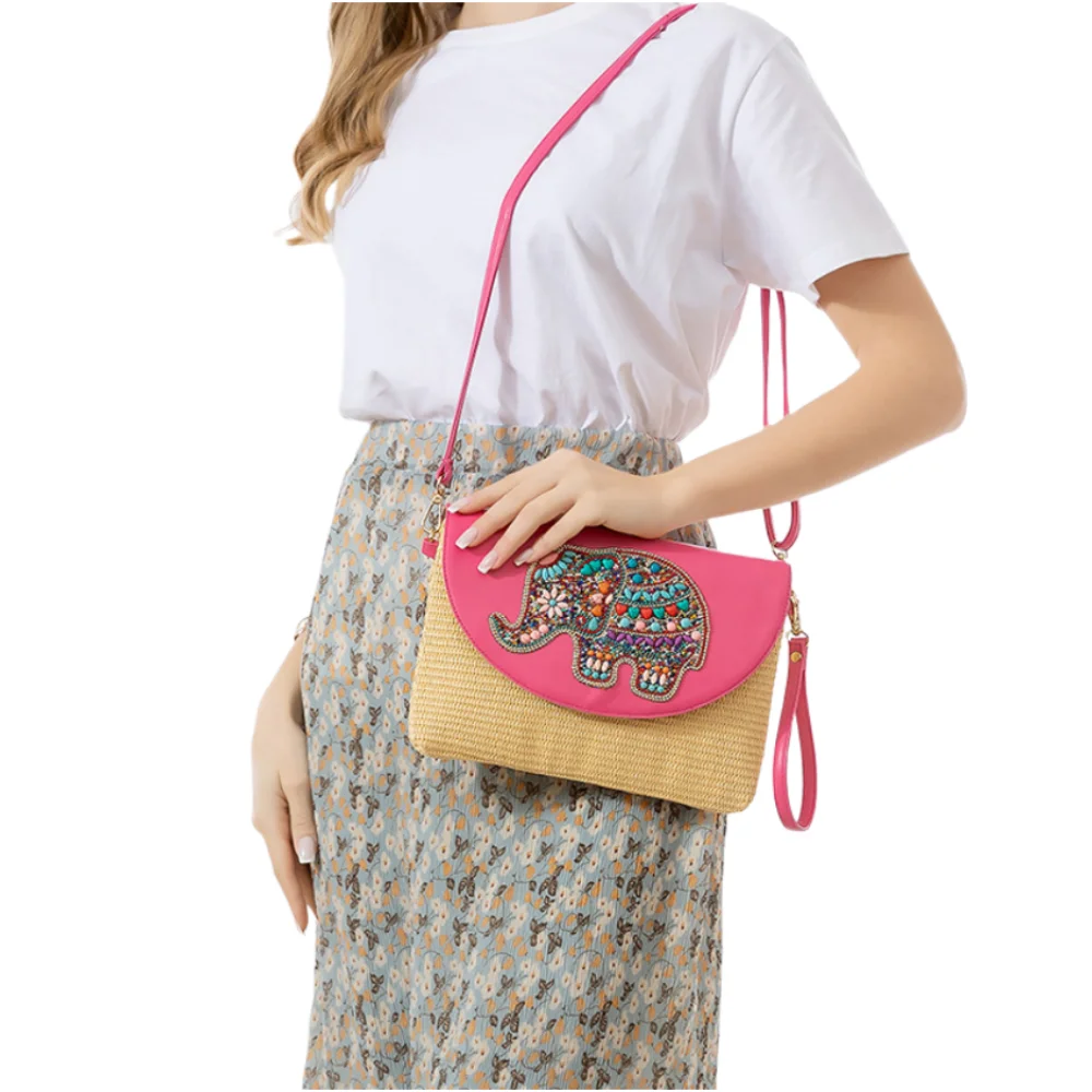 Summer PU Straw Fabric Womne's Tote Bag High-end Sophistication Shoulder Bag Elephant Print Slanting Across bolsas para mujeres