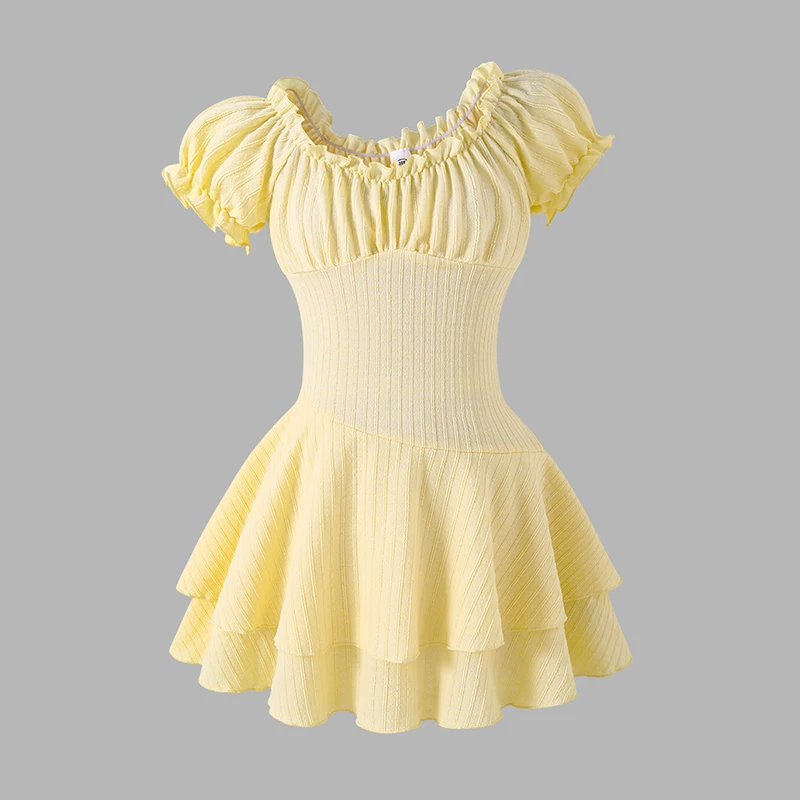 Girls 8-12 Yellow Casual Dress, Front Square Neck Puff Sleeves Tiered Skirt/Back Slim Bodice, Daily Kids Dress