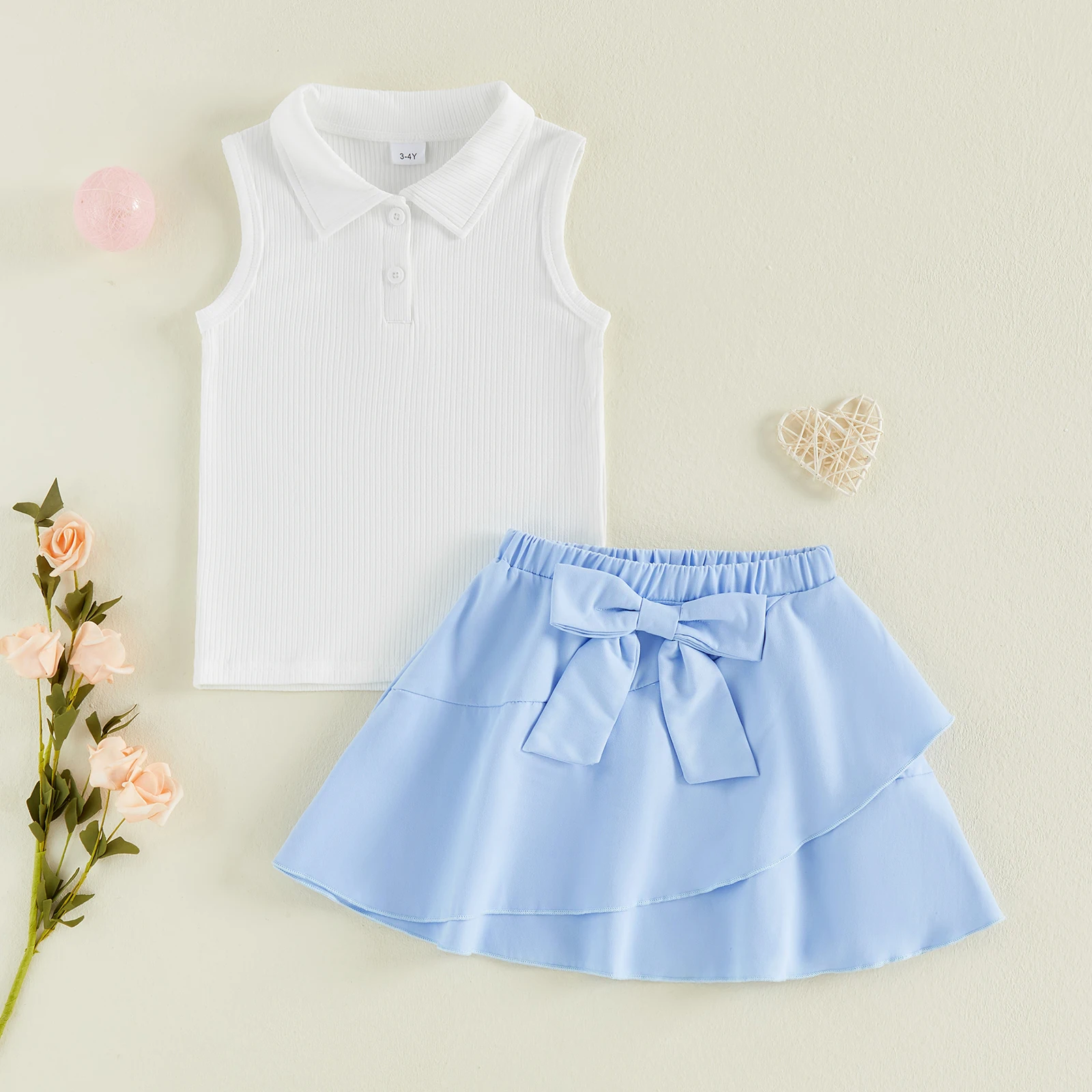 1-4Y Toddler Baby Girl Skirt Outfit Ribbed Sleeveless Collared Vest Tops Bow Ruffled Skirt 2 Piece Summer Girls Kids Clothes Set