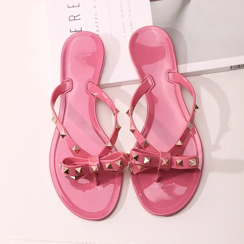 Size 36-42 2024 Hot Sale Fashion Women's Flip Flops Summer Shoes Cool Beach Rivet Big Bow Flat Sandals Jelly Shoes Sandals Girls 