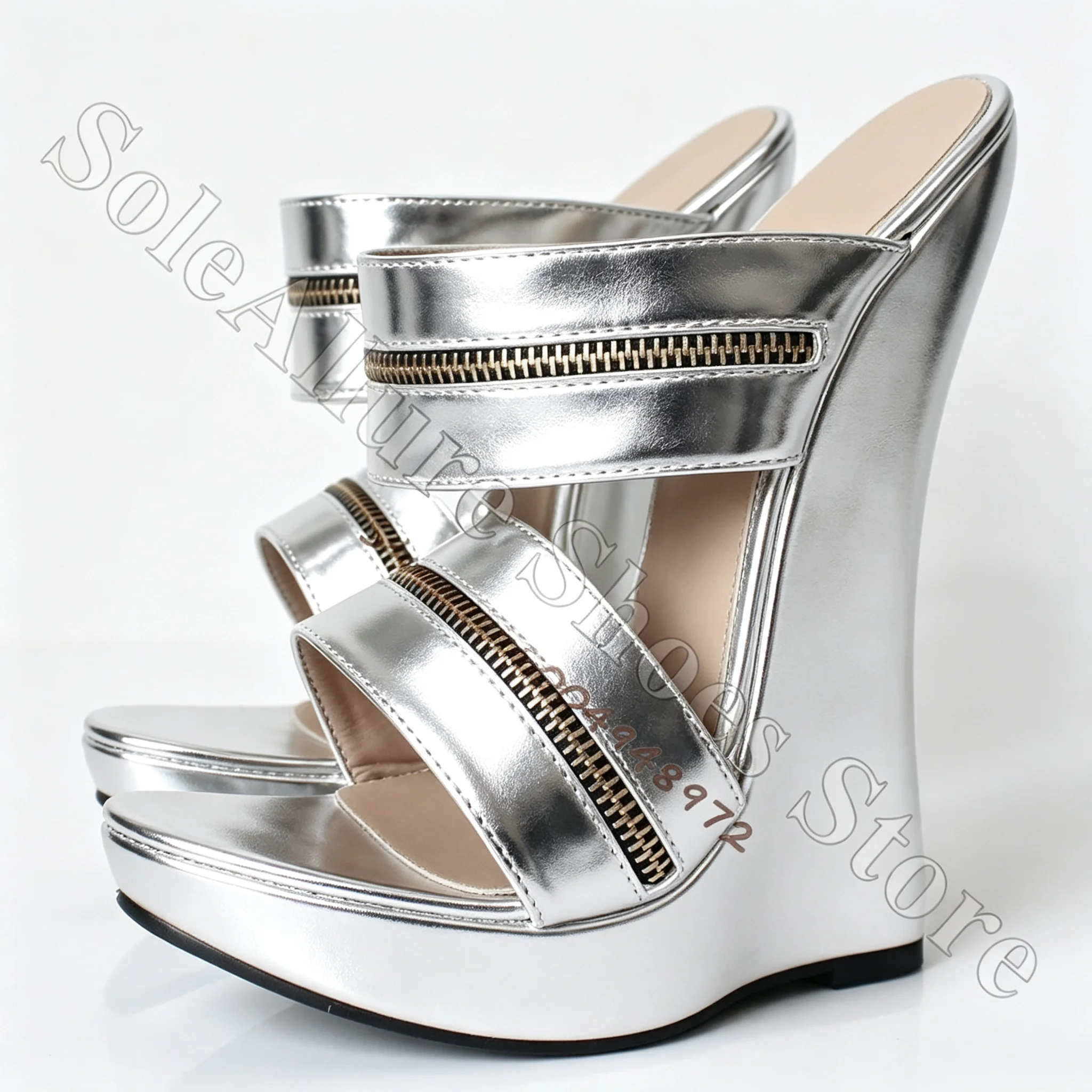 18CM Metallic Zipper Decor Wedge Mule Sandals Open Toe Slip On Platform Wedge Slippers Ladies Retro Disco Party High Heel Sandal