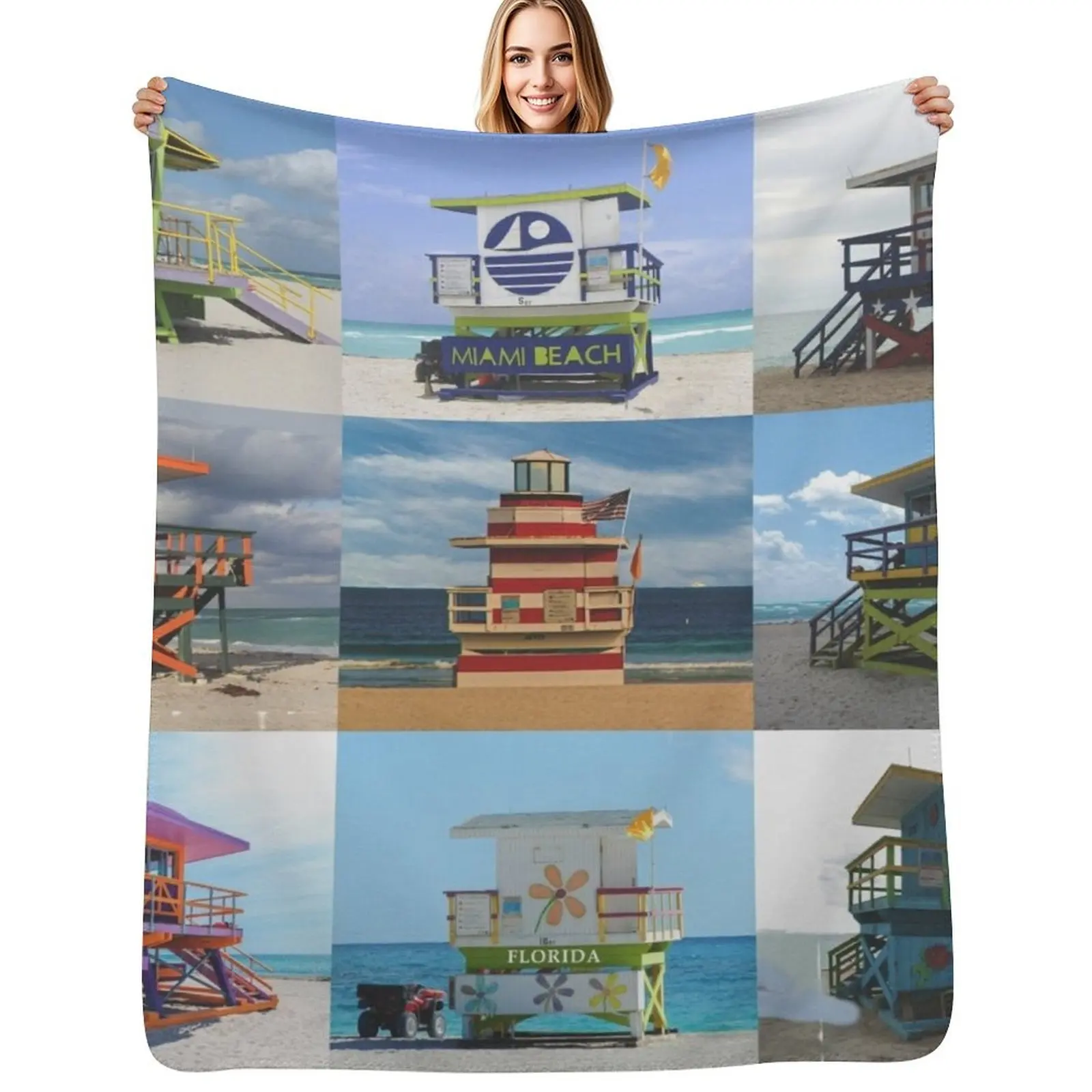 

Miami Beach, Florida - Iconic Lifeguard Towers Throw Blanket Soft Home Decor Blanket for Couch Bedroom