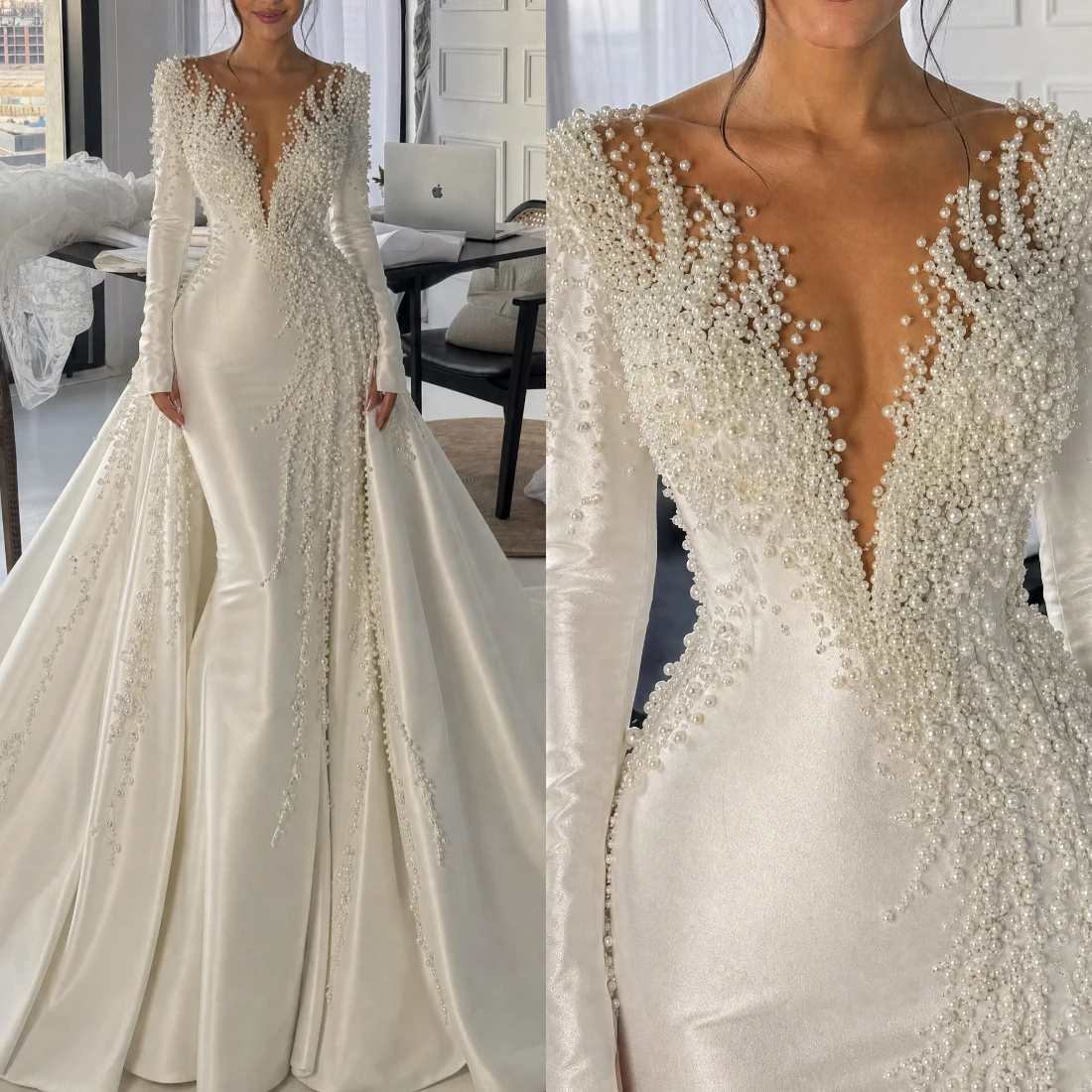 Luxury Mermaid Wedding Dresses Sexy V Neck Long Sleeves Appliques Lace Bridal Gowns Detachable Train Customized Wedding Dress