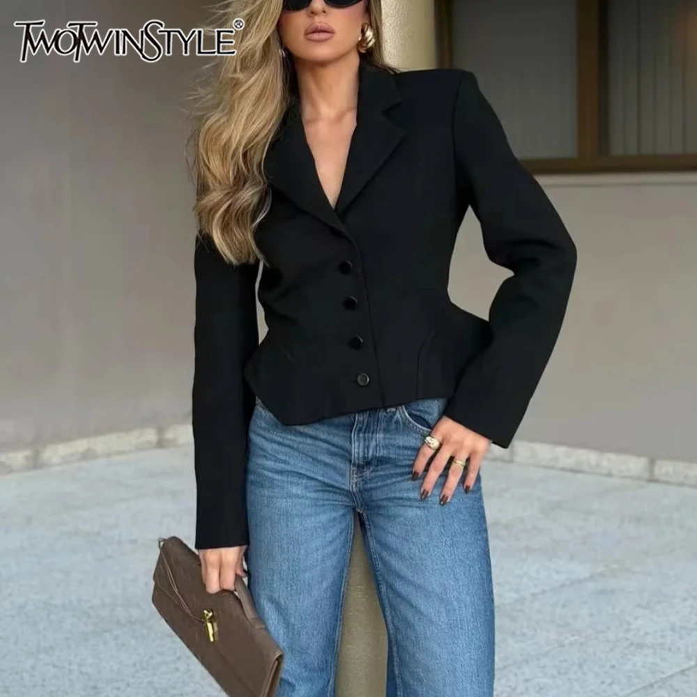TWOTWINSTYLE Black Loose Spliced Buttons Chic Jackets for Women Lapel Long Sleeve Commute Basics Jacket Female Summer Fashion