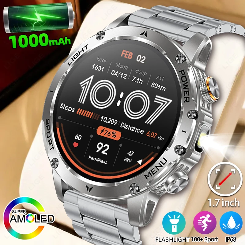 

Military Smart Watch Men 1000mAh AMOLED Outdoors LED Flashlight Waterproof Heart Rate Sports BT Call Smartwatch for Android iOS