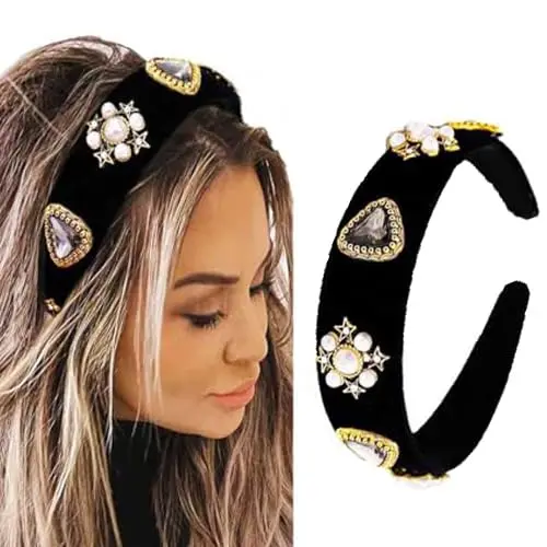

Black Velvet Headband with Rhinestones and Pearl for Women Elegant Hair Accessory