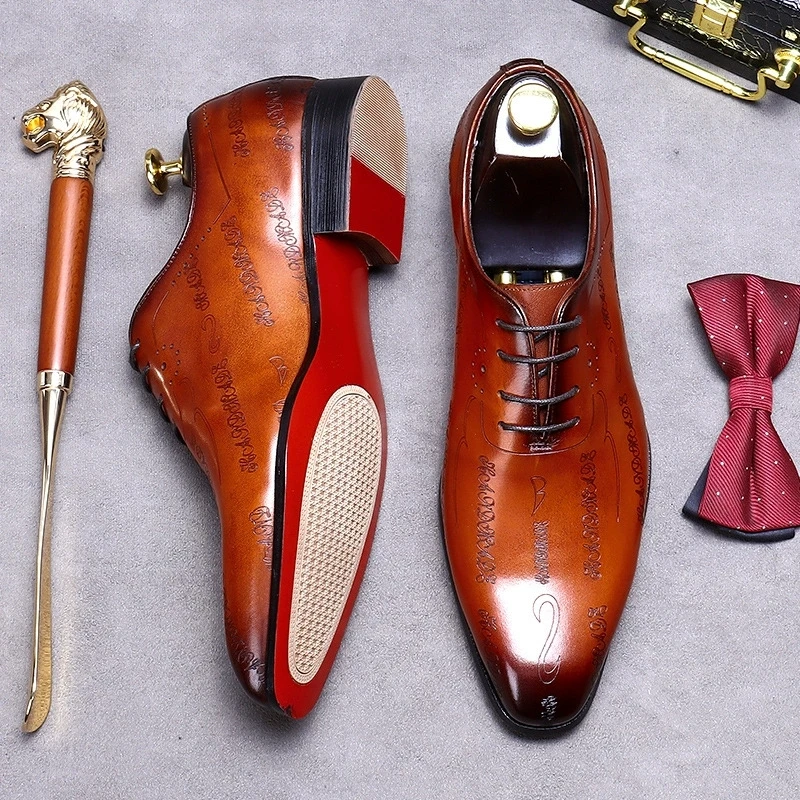 Handmade Mens Wedding Oxford Shoes Engraving Pattern Genuine Leather Men's Dress Shoes Lace Up Business Formal Shoes For Men