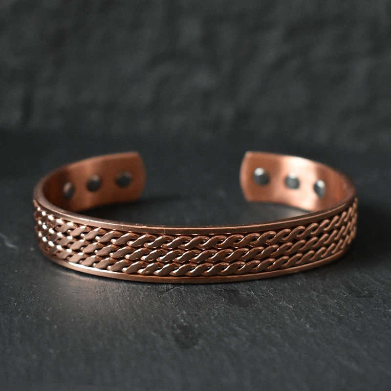 Solid Braided Pure Copper Magnetic Bracelet Adjustable 11mm Wide Open Cuff Unisex Wellness Energy Jewelry Gift