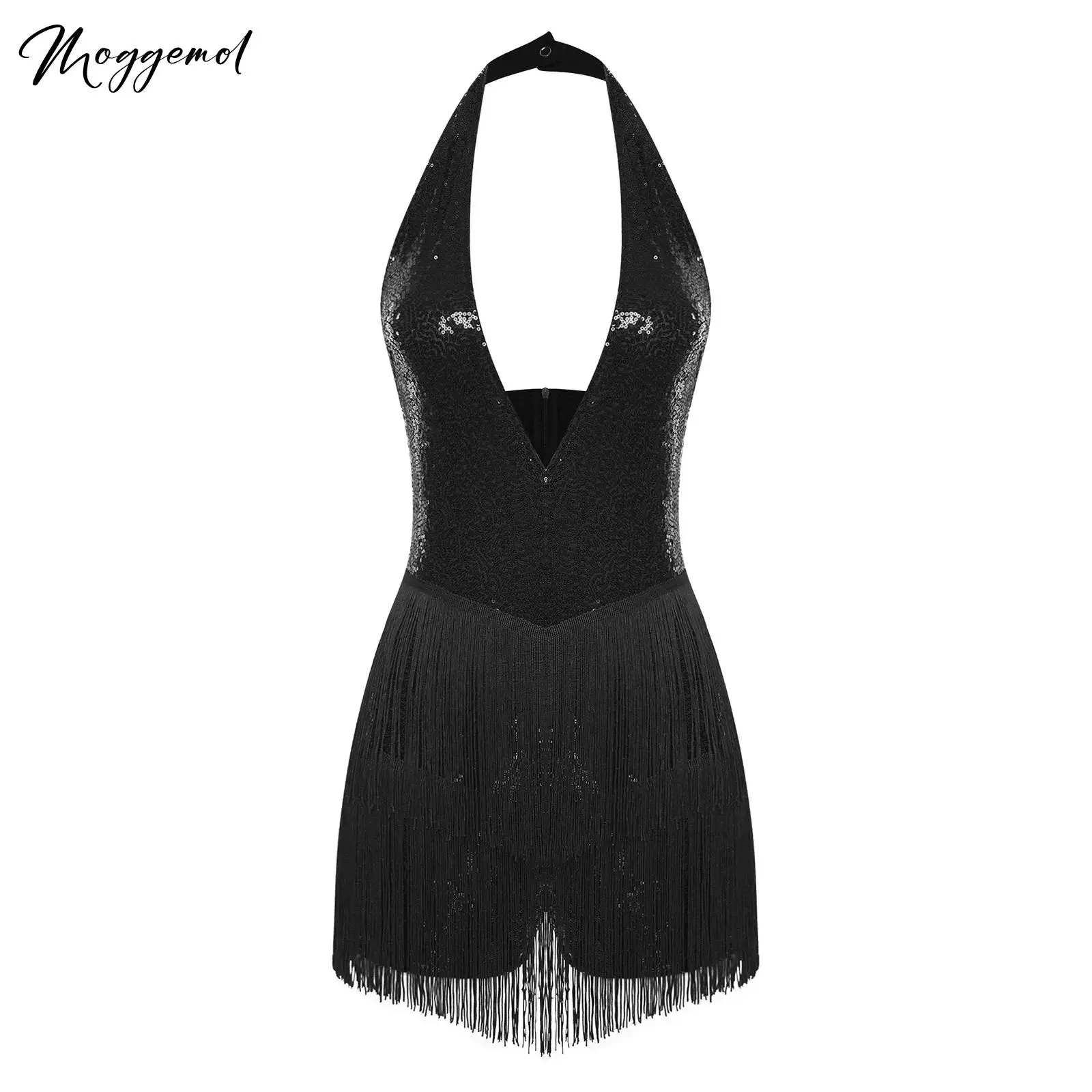 Womens Shiny Sequin Bodysuit Rompers Halter Plunging V Neck Backless Tiered Tassel Fringe Jumpsuit Playsuit Disco Dance Clubwear