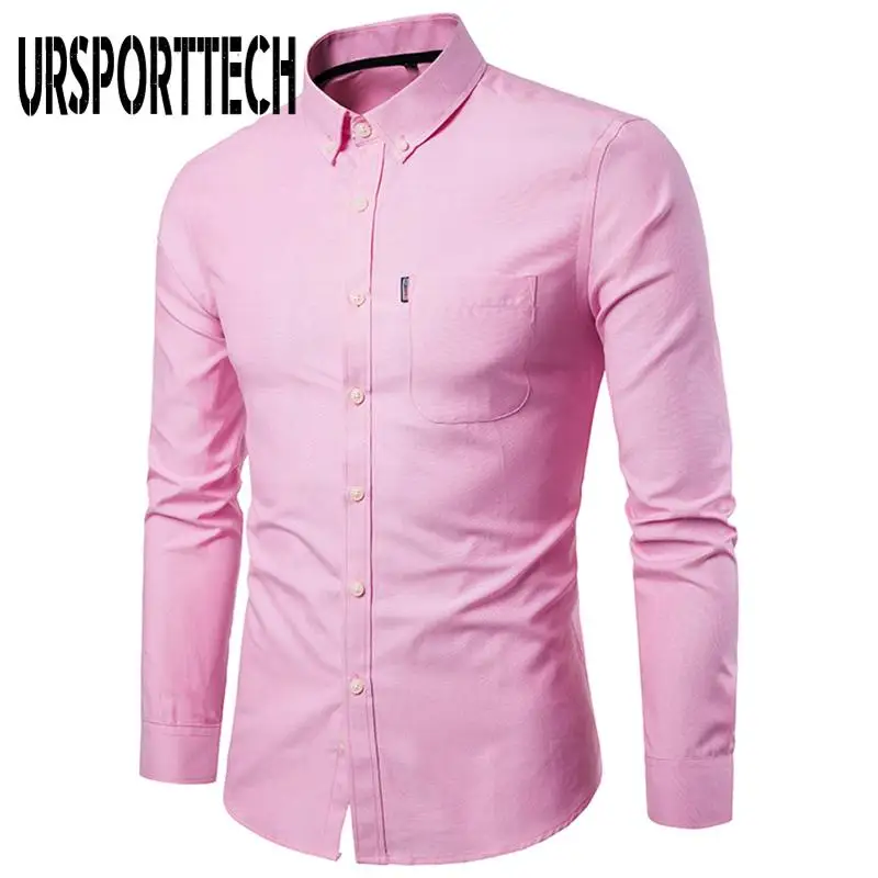 New Men Long Sleeve Solid Oxford Dress Shirt with Left Chest Pocket High-quality Male Casual Regular-fit Tops Button Down Shirts